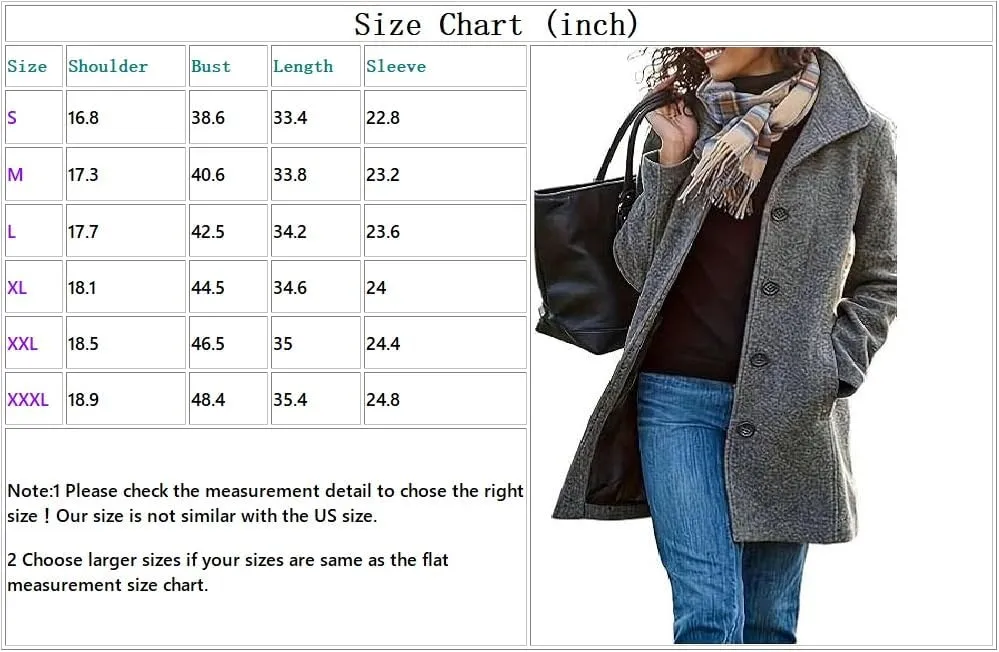 Women's Winter Wool Blend Pea Coat Stand Collar Single Breasted Trench Coat Overcoat