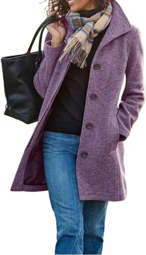 Women's Winter Wool Blend Pea Coat Stand Collar Single Breasted Trench Coat Overcoat