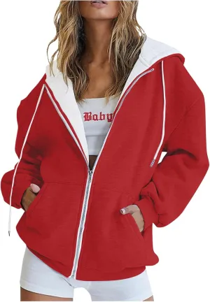 Womens Zip Up Hoodies Long Sleeve Fall Oversized Sweatshirts Jacket with Pockets 2025 Fashion Clothes Sweaters