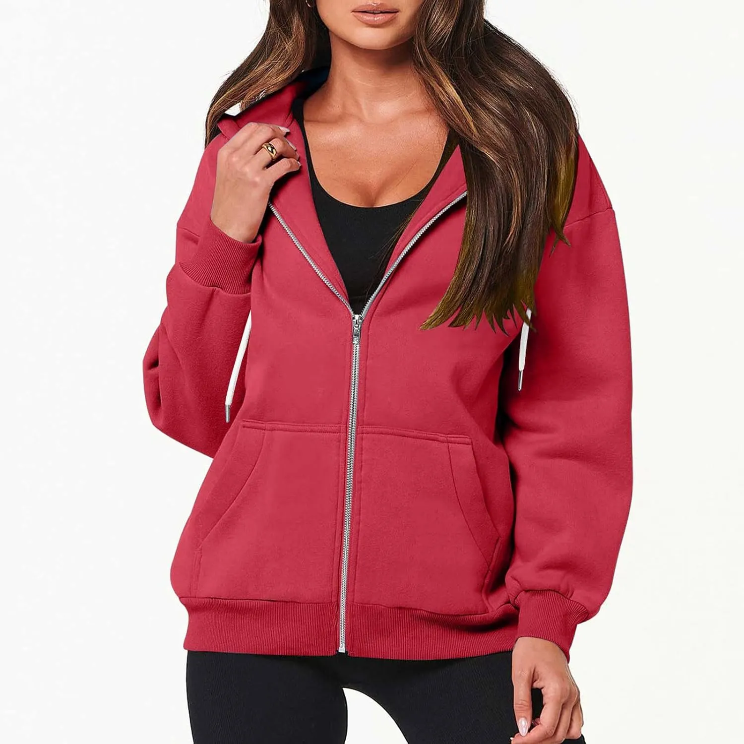 Womens Zip Up y2k Hoodies Fall Fashion Oversized Long Sleeve Hooded Sweatshirt Casual Lightweight Jacket With Pockets