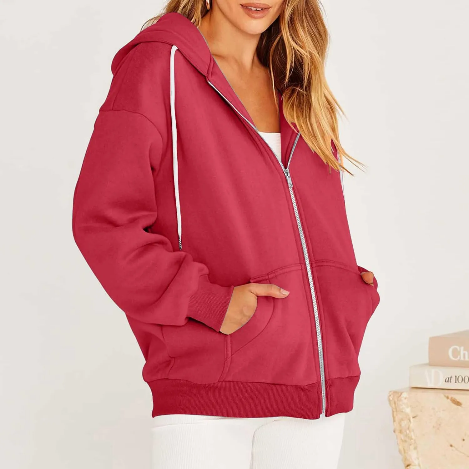 Womens Zip Up y2k Hoodies Fall Fashion Oversized Long Sleeve Hooded Sweatshirt Casual Lightweight Jacket With Pockets