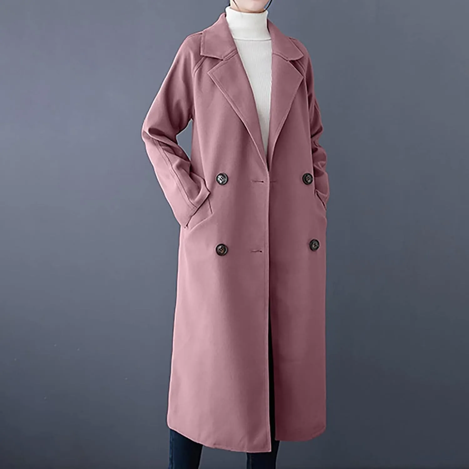 Wool Coats for Women 2024 Trendy Double Breasted Pea Coats Notch Lapel Long Winter Trench Coats with Pockets