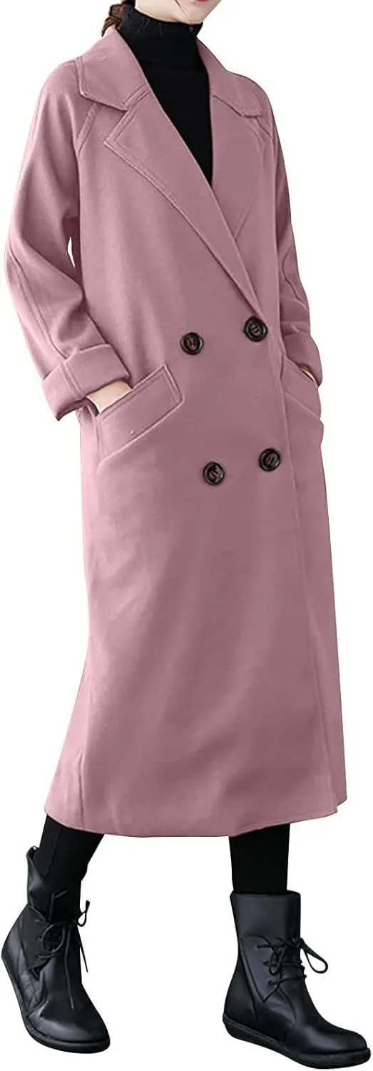Wool Coats for Women 2024 Trendy Double Breasted Pea Coats Notch Lapel Long Winter Trench Coats with Pockets