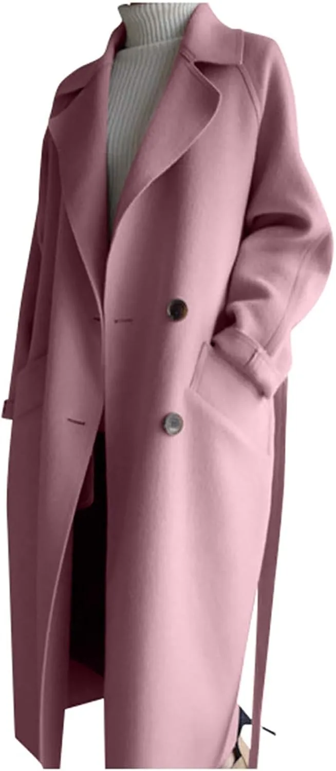 Wool Coats for Women 2024 Trendy Double Breasted Pea Coats Notch Lapel Long Winter Trench Coats with Pockets