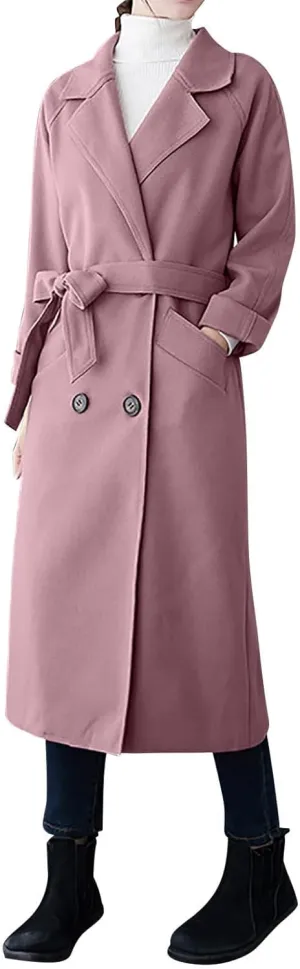 Wool Coats for Women 2024 Trendy Double Breasted Pea Coats Notch Lapel Long Winter Trench Coats with Pockets
