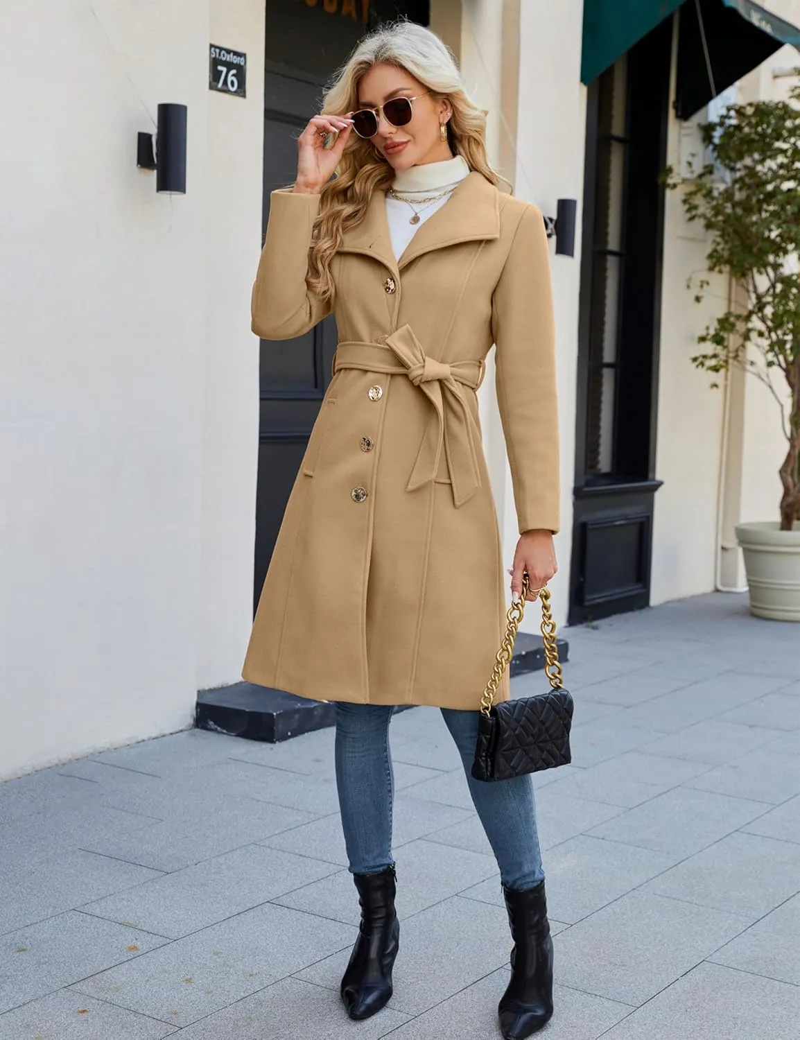 Wool Coats for Women Winter Long Pea Coats Stand Collar Single Breasted Trench Coat with Belt