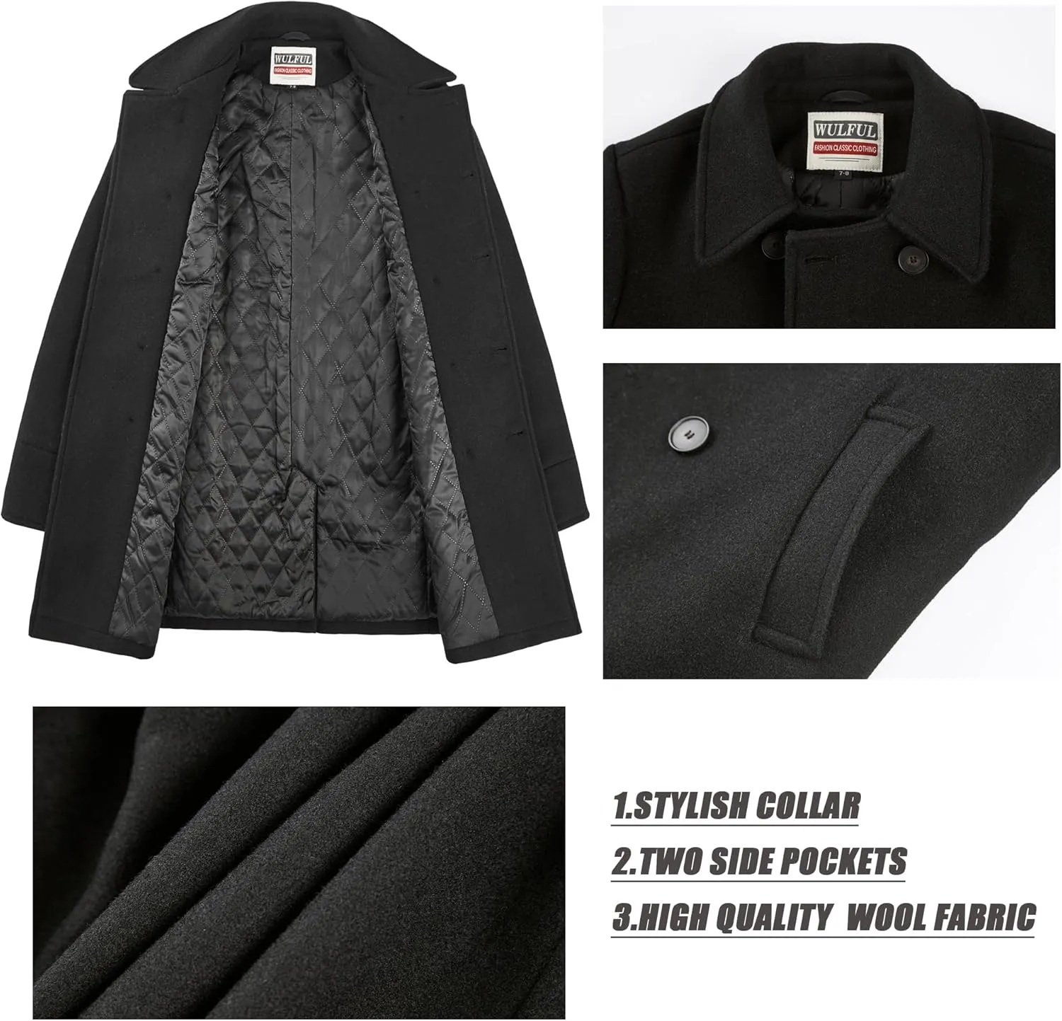 WULFUL Boys Double Breasted Wool Trench Coat Winter Pea Coat