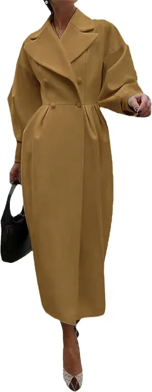 XSTH 2025 Women Wool Coat Double Breasted Lapel Pea Coats Ankle Length Solid Color Overcoat Lantern Sleeve Long Trench Coat