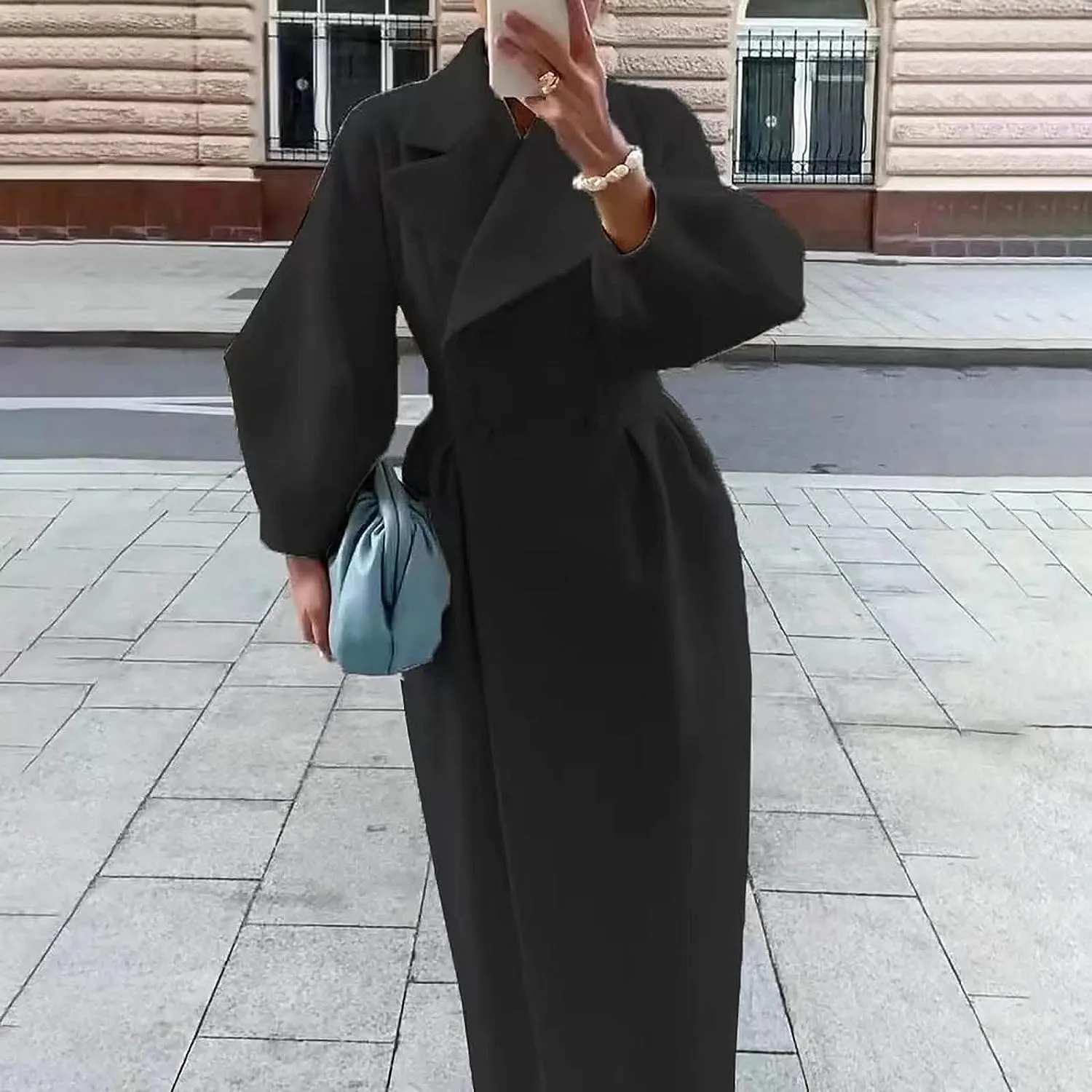XSTH 2025 Women Wool Coat Double Breasted Lapel Pea Coats Ankle Length Solid Color Overcoat Lantern Sleeve Long Trench Coat