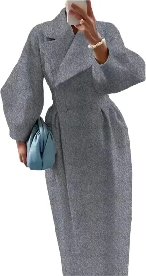 XSTH 2025 Women Wool Coat Double Breasted Lapel Pea Coats Ankle Length Solid Color Overcoat Lantern Sleeve Long Trench Coat