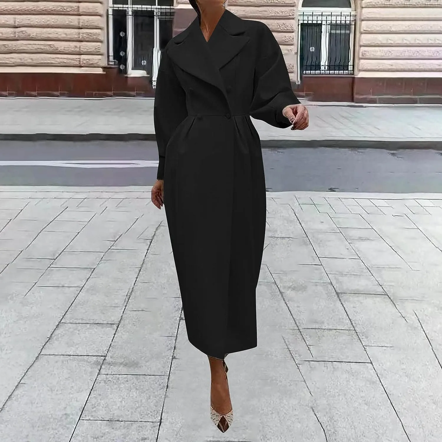 XSTH 2025 Women Wool Coat Double Breasted Lapel Pea Coats Ankle Length Solid Color Overcoat Lantern Sleeve Long Trench Coat