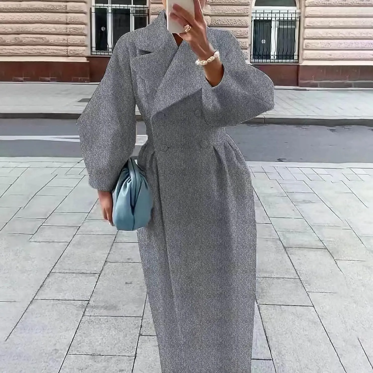 XSTH 2025 Women Wool Coat Double Breasted Lapel Pea Coats Ankle Length Solid Color Overcoat Lantern Sleeve Long Trench Coat