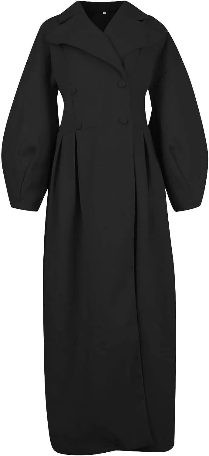 XSTH 2025 Women Wool Coat Double Breasted Lapel Pea Coats Ankle Length Solid Color Overcoat Lantern Sleeve Long Trench Coat