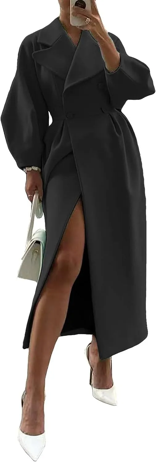 XSTH 2025 Women Wool Coat Double Breasted Lapel Pea Coats Ankle Length Solid Color Overcoat Lantern Sleeve Long Trench Coat