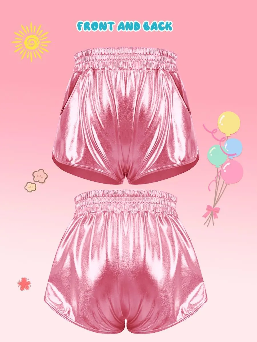 YgneeDom Girls Metallic Shorts Shiny Dance Hot Pants Sparkly Athletic Shorts 80s Outfits Pants for Kids