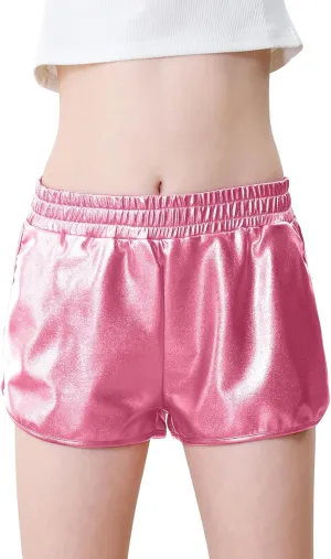 YgneeDom Girls Metallic Shorts Shiny Dance Hot Pants Sparkly Athletic Shorts 80s Outfits Pants for Kids