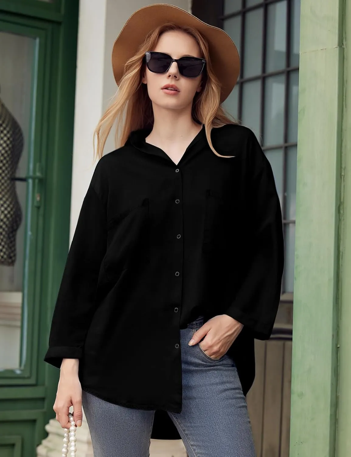 Yimoon Womens Denim Shirt Chambray Blue Button Down Jean Shirt Denim Tops Soft Tencel Casual 3/4 Sleeve Jacket