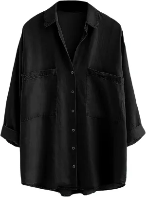 Yimoon Womens Denim Shirt Chambray Blue Button Down Jean Shirt Denim Tops Soft Tencel Casual 3/4 Sleeve Jacket