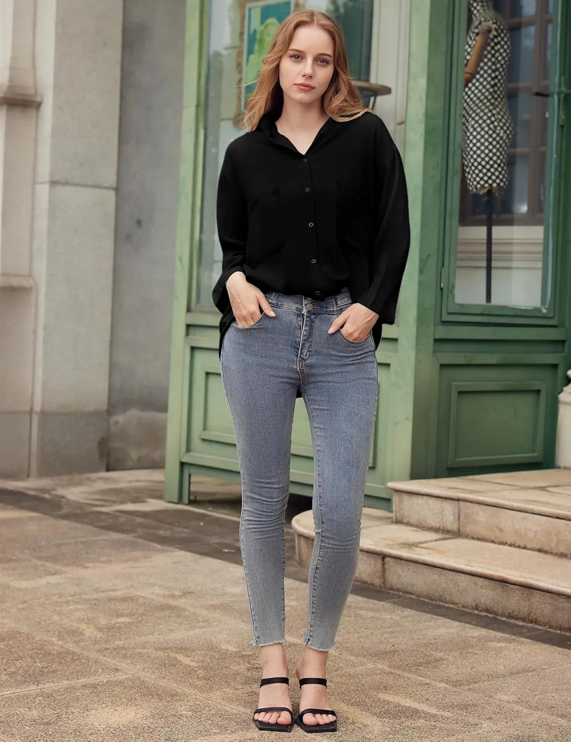 Yimoon Womens Denim Shirt Chambray Blue Button Down Jean Shirt Denim Tops Soft Tencel Casual 3/4 Sleeve Jacket