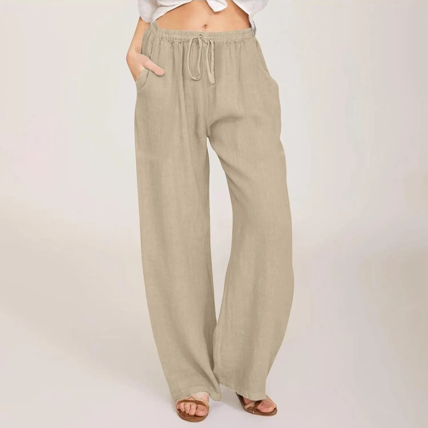 Yoga Pants for Women Low Rise Work Straight Leg Summer, Palazzo Pants for Women Linen Cotton Plus Size Trousers