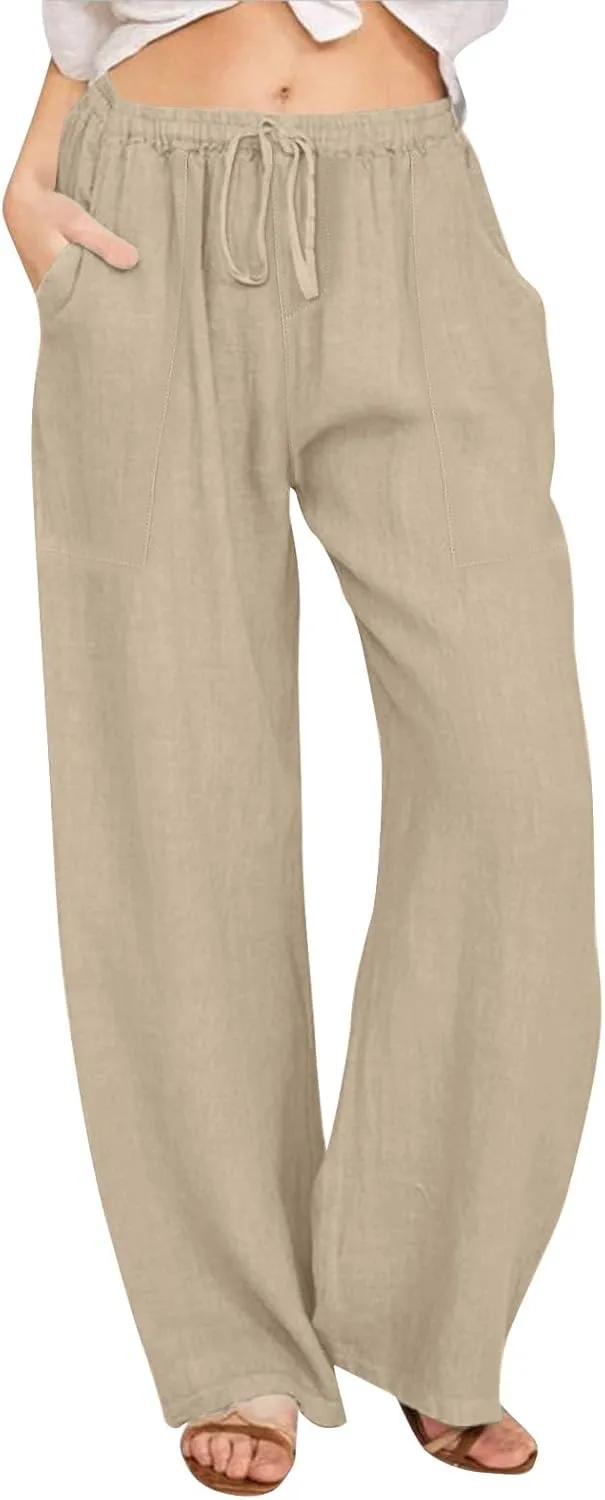 Yoga Pants for Women Low Rise Work Straight Leg Summer, Palazzo Pants for Women Linen Cotton Plus Size Trousers