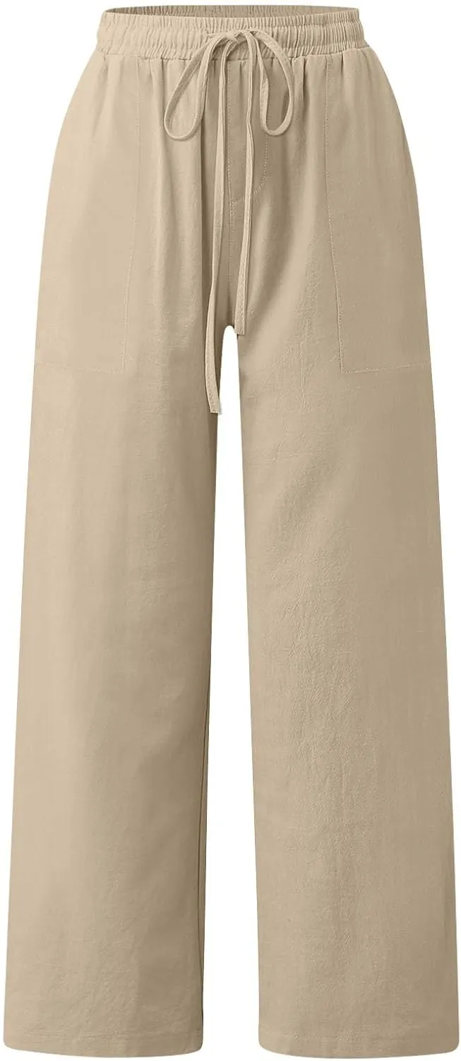 Yoga Pants for Women Low Rise Work Straight Leg Summer, Palazzo Pants for Women Linen Cotton Plus Size Trousers
