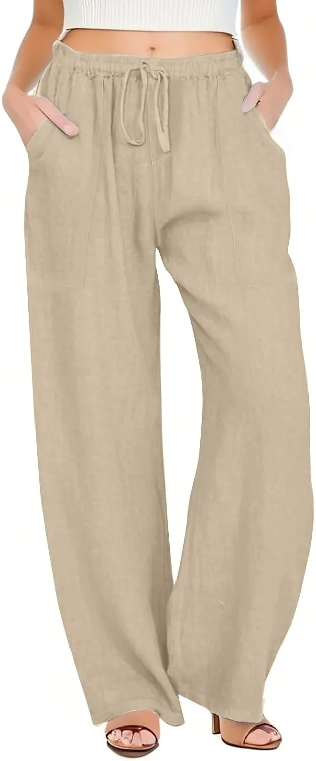 Yoga Pants for Women Low Rise Work Straight Leg Summer, Palazzo Pants for Women Linen Cotton Plus Size Trousers