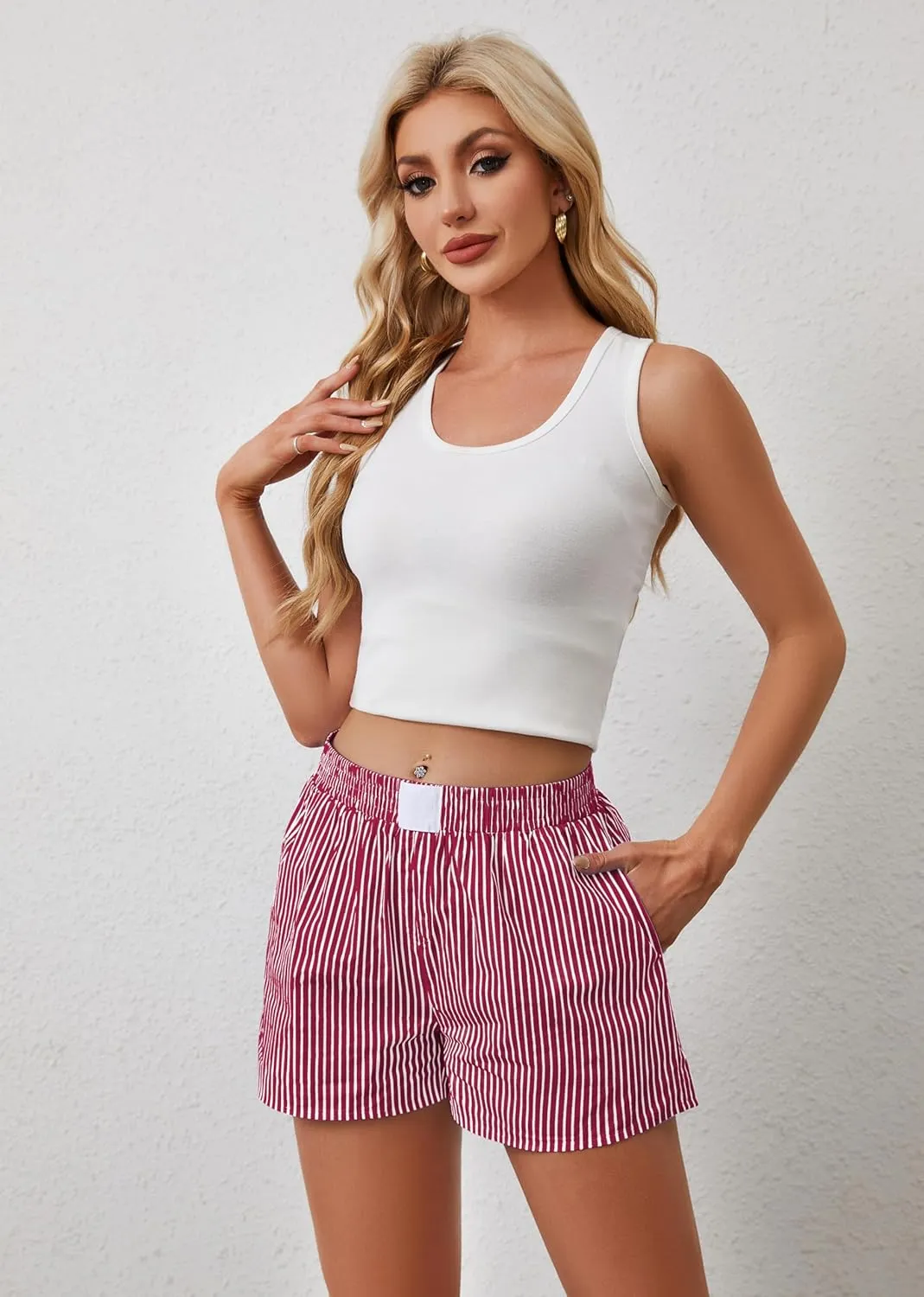 Ythomm Womens Lounge Shorts Y2k Striped Print Elastic Waist Pajama Shorts Cute Boxers Bottoms With Pockets Comfy Sleepwear