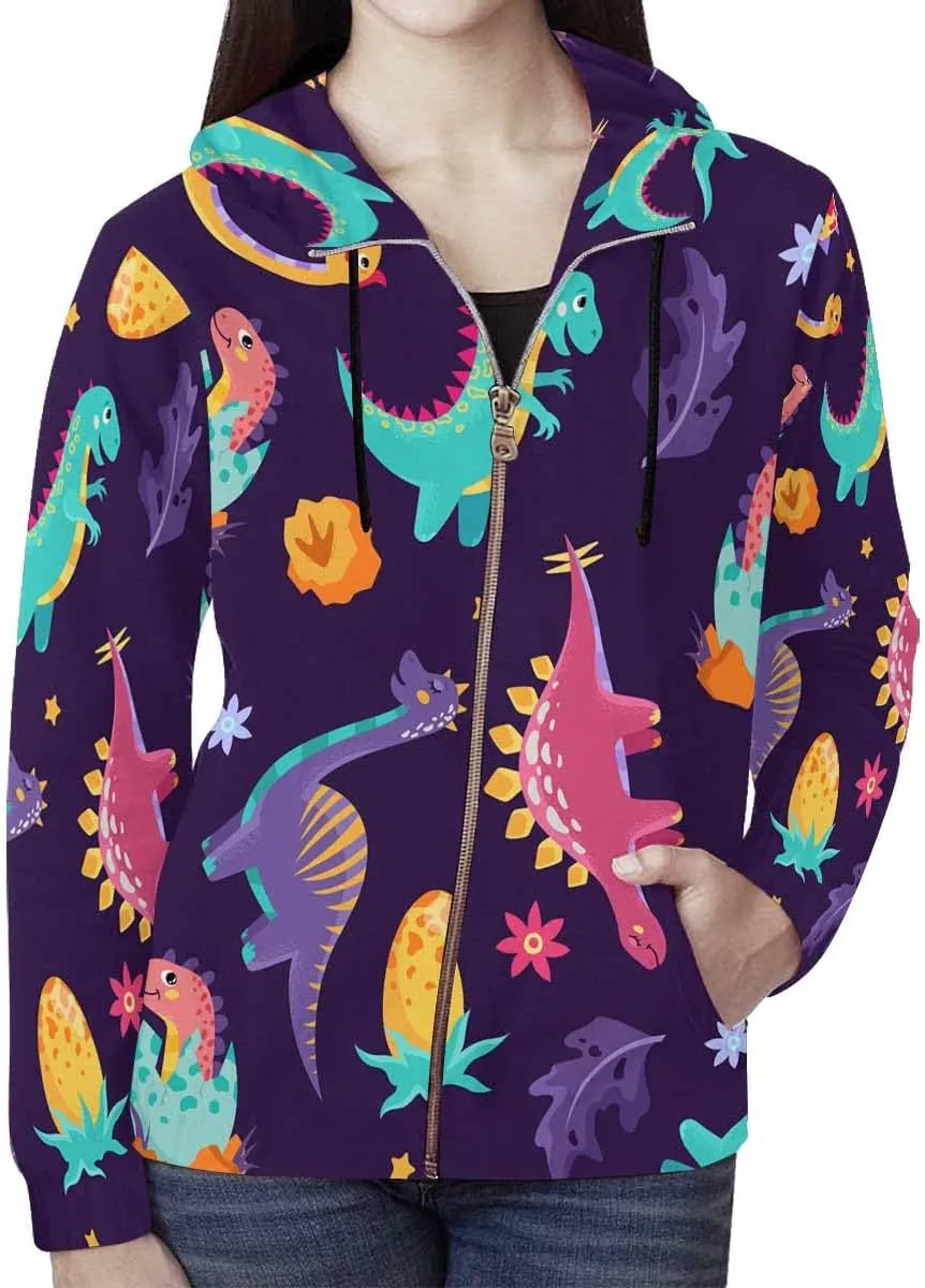 Zip Up Hoodie Women Cute Cartoon Dinosaurs Womens Drawstring Hoodies Long Sleeve Oversized Sweatshirts Jacket