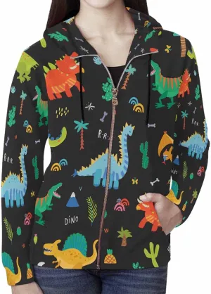 Zip Up Hoodie Women Cute Cartoon Dinosaurs Womens Drawstring Hoodies Long Sleeve Oversized Sweatshirts Jacket