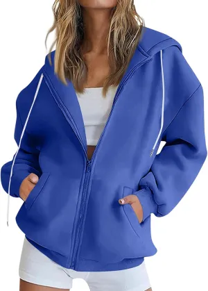 Zip Up Hoodie Women Oversized Fleece Jacket Drawstring Cute Hoodies Y2k Lightweight Fall Sweatshirts with Pockets