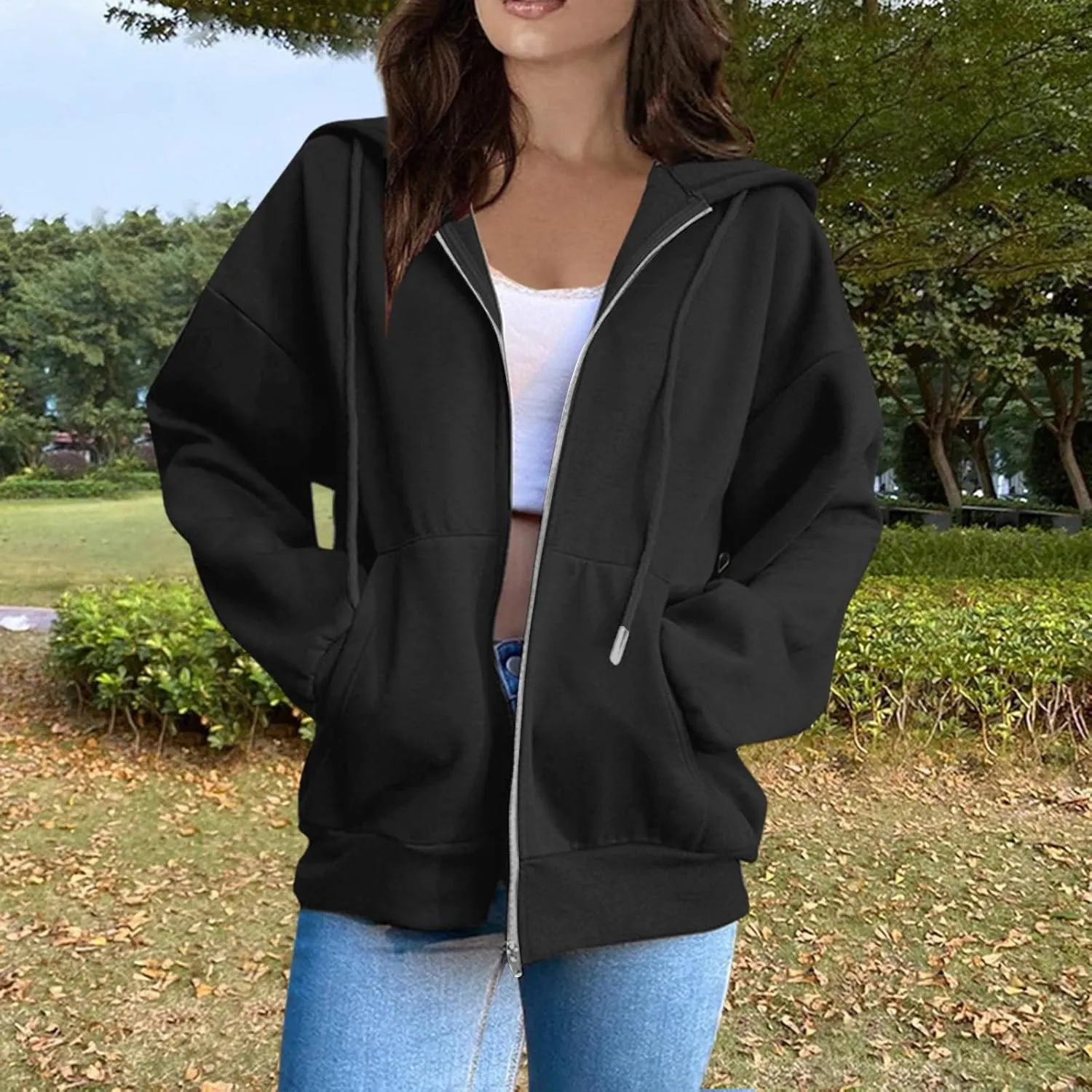 Zip Up Hoodies For Women Cropped Solid Color Sweatshirts Fall Outfits 2024 Long Sleeved Teen Girls Clothes